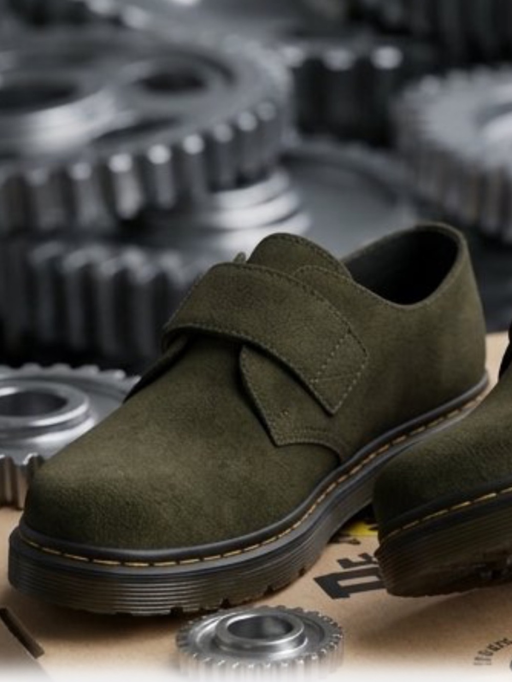 Dr. Martens Zebzag Suede Mules – DMS Olive (Velcro Strap)